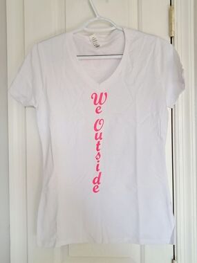 Women's White V-Neck Tee with Pink Vertical 'We Outside' Graphic